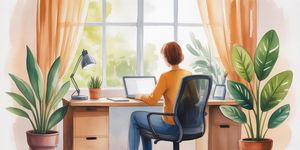 Person working peacefully at a desk with healthy boundaries represented by soft watercolor elements